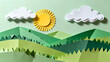 © InfinityVisuals - Paper Cutout Landscape: A charming and vibrant paper cutout scene of rolling hills, puffy clouds, and a radiant sun, all crafted from colorful paper, evoking a sense of tranquility and whimsy.