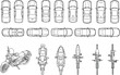 © Hello World - Cars motorcycles and bicycles top view outline set, transport vehicles collection detailed line art vector illustration isolated on white background