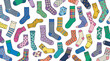 © SAI CREATIVE - Colorful assortment of patterned socks scattered on a white background, vibrant fashion hosiery collage for textile design, branding, and lifestyle imagery.