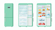 © naufal - Mint green retro refrigerator set with closed door, empty interior and shelves full of groceries on white background, concept for appliance catalog, meal planning and storage organization