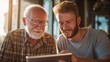 © swillklitch - Senior man around 80 years old with white beard smiling warmly while learning from his son, using digital tablet together at sunlit cafe