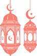 © plustration - Coral pink Islamic lanterns with detailed carvings and crescent moons, festive hanging decor for Ramadan and Eid parties