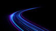 © RIHAN - Futuristic blue pink neon laser lines flow along urban road light effect. Glowing speed motion trails, energy waves wind, and swirling lines abstract high-speed
