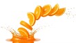 © Abdul - Juicy orange slices falling into a splash of orange juice on transparent background