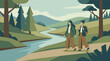 © CURVARA - Two women hiking through a serene green landscape with a winding river and trees