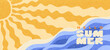© tandav - Greeting summer with hello on background with wavy sea, wavy hand drawn sun rays. Happy summer textured theme. Bright positive vibe design. Template for sales, posters, covers, fashion, ads. Vector
