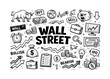 © Vector - Wall Street stock market vibes, hand drawn doodle elements set, center hand-lettered title, black & white vector line art, bold