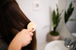 © Zoran Jesic - Woman brushing long brunette hair during beauty routine