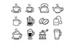 © Влада Яковенко - Hot Beverages. Line icon set of Hot Beverages: coffee cup, espresso cup, tea kettle, teapot, mug steam, french press, coffee beans, tea bag, cocoa cup, latte