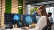 © DC Studio - IT expert in high tech startup office uses neural networks to develop artificial intelligence models. Female engineer uses AI to run tasks across devices, monitoring progress on screens, camera A