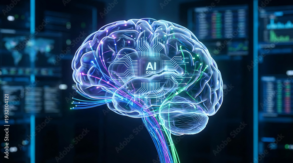 Artificial intelligence digital brain concept with glowing circuitry ...