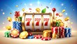 © zuni - Vibrant casino slot machine with lucky sevens, colorful poker chips, and shining golden coins, symbolizing the thrilling excitement of fortune and big wins