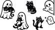 © Royal Ability - Cute ghost characters holding and playing with black cat stickers in flat vector art various poses close up landscape composition playful kawaii halloween mood minimalist monochrome
