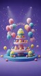 © ArginaAkterRakhi - Vibrant 3d illustration of a whimsical birthday cake with colorful balloons