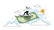 © Mitthila Vectx - Businessman surfing on a giant dollar bill through white clouds with a golden sun coin in the sky, symbolizing financial prosperity.