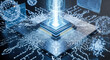 © Celt Studio - Futuristic quantum computer processor chip with glowing blue data streams and complex circuit board connections representing artificial intelligence evolution