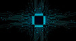 © Celt Studio - Futuristic blue glowing electronic circuit board lines converging on central square microchip processor on black background for modern technology design concept