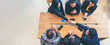 © aFotostock - Banner close up hands group of Business People meeting in conference room. Panorama business team brainstorming partner teamwork. Close up hand Team meeting partnership trust teamwork with copy space