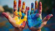 © Tatyana - two small hands covered in bright blue, yellow, red and green paint, palms open in joyful playful messy creativity outdoors