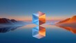 © wilson - Abstract geometric cube logo design with technology and future feel. Background is blue sky with orange desert mountains reflecting on water surface