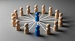 © aldi - Wooden pawn figures, blue central networked circle on neutral grey background, team leadership collaboration Concept