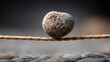 © KORANIS - A close-up shot of a small stone balancing precariously on a rope, highlighting the concept of balance and precision. The stone's texture and the rope's details add depth to the composition