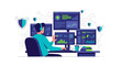© bega - Cybersecurity Analyst Monitoring Multiple Screens with Data and Shields