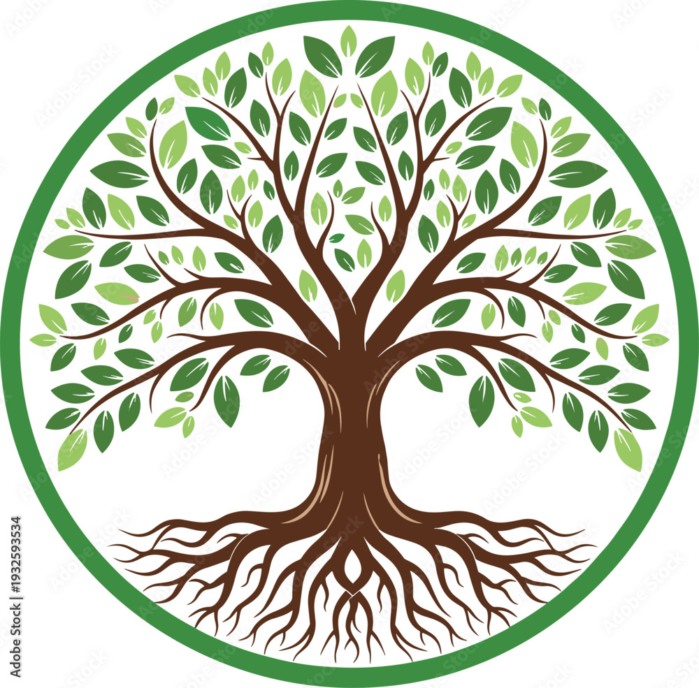 Tree of life vector illustration with green leaves and deep roots in ...