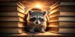 © Dounghathai - A curious raccoon investigates a stack of ancient books, illuminated by a warm, golden light, a captivating scene of nocturnal wildlife and literature