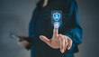 © HappyEva - personal data privacy consent and account security concept, Person hand touching virtual user shield and check mark icon, Data protection Cybersecurity Regulatory compliance PDPA Identity verification