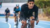 Cyclist riding on a track with fellow riders in the background on a sunny day from a close-up viewpoint
