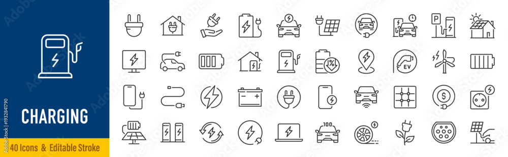 Charging web icons in line style. Charging, charging station, battery ...