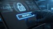 © tonstock - Gloved hand pressing a glowing report button on a digital tablet for cybersecurity incident management.