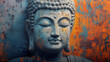© Kiara - Buddha Statue mit abstrakter Textur in Blau und Orange – Spirituelle Kunst, Meditation und Zen