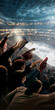 © Lustre Art Group  - Ice hockey fans cheering in packed arena with raised hands and foam fingers above the rink. Concept of winter sports championship, mass audience engagement and live arena entertainment industry.