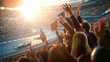 © Lustre Art Group  - Fans celebrating motorsport race with raised arms and scarves as cars pass track curve. Concept of race day excitement, audience engagement and commercial sports entertainment atmosphere.