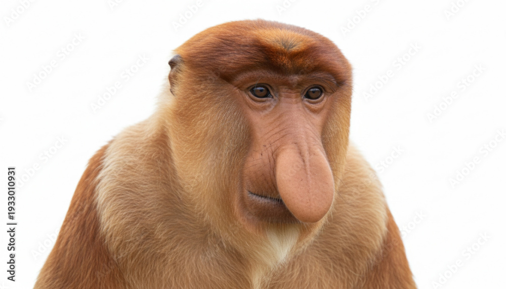 Close-up portrait of a proboscis monkey isolated on a clean white ...