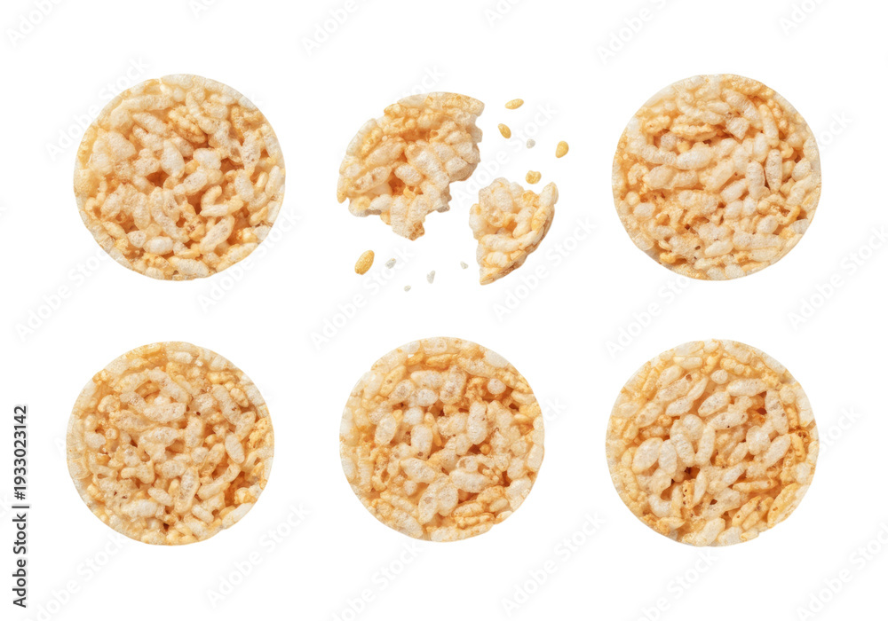 Circular Rice Cakes Six round puffed rice cakes arranged on transparent background with one ...