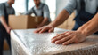 © KotBaton - Professional movers packing furniture with bubble wrap. Moving service and relocation concept.