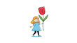 © MD - Cute little girl in a blue dress walking and carrying a giant red tulip flower representing nature, spring and childhood.