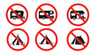 © MD - Set of six red prohibition signs indicating that camping with tents, caravans and motorhomes is strictly forbidden in the area.