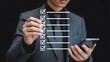 © Sultana - Business performance checklist, businessman using phone doing online checklist survey, filling out digital form checklist, take an assessment, questionnaire, evaluation, online survey, online exam.