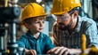 © neirfy - Child in a factory setting learning engineering basics with a mentor, showcasing early education in technical fields