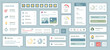 © alexdndz - Social media mobile app template with user interface elements. Bundle of UI, UX, GUI kit with online profile, messenger, activity data, post strategy, target advertising, more. Vector illustration.