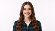 © Vasiliy - Portrait of a smiling young woman with long wavy brown hair. Happy female model in plaid shirt on white background. Casual headshot for lifestyle and fashion
