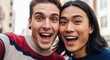 © Running opossum - joyful young friends taking a selfie together on a vibrant city street