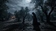 © AlfaSmart - Man, Jesus Christ, praying in the Garden of Gethsemane at night, with an approaching crowd carrying torches. Religious prayer concept.