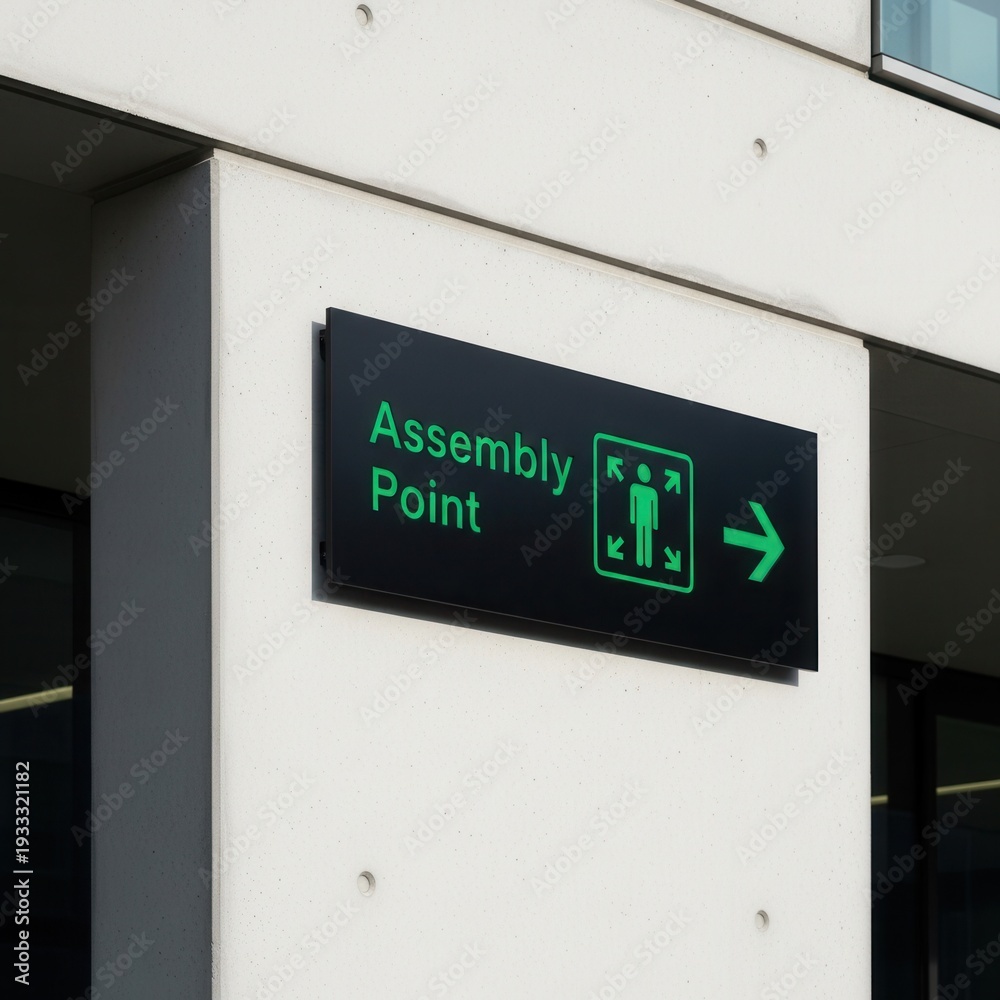 Assembly Line Signage Assembly Point Signage Illuminated Against Concrete Facade: Emergency ...