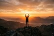 © Evgenia - Earth day. Silhouette of a hiker standing on a rocky mountain peak at sunset, arms raised towards the sky, with a panoramic view of distant mountains and valleys