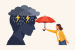 © SHAIKHTANVIR - Mental health support and depression concept with a woman holding a red umbrella over a dark silhouette of a head with a storm, rain, and lightning inside. Symbol of therapy, empathy, and care.